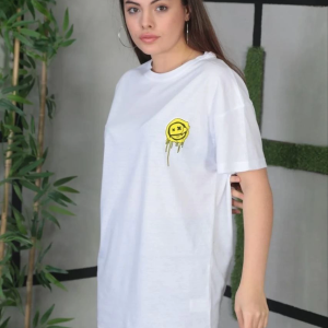 Kadın Bisiklet Yaka Baskılı Kısa kol Oversize T-Shirt – Beyaz