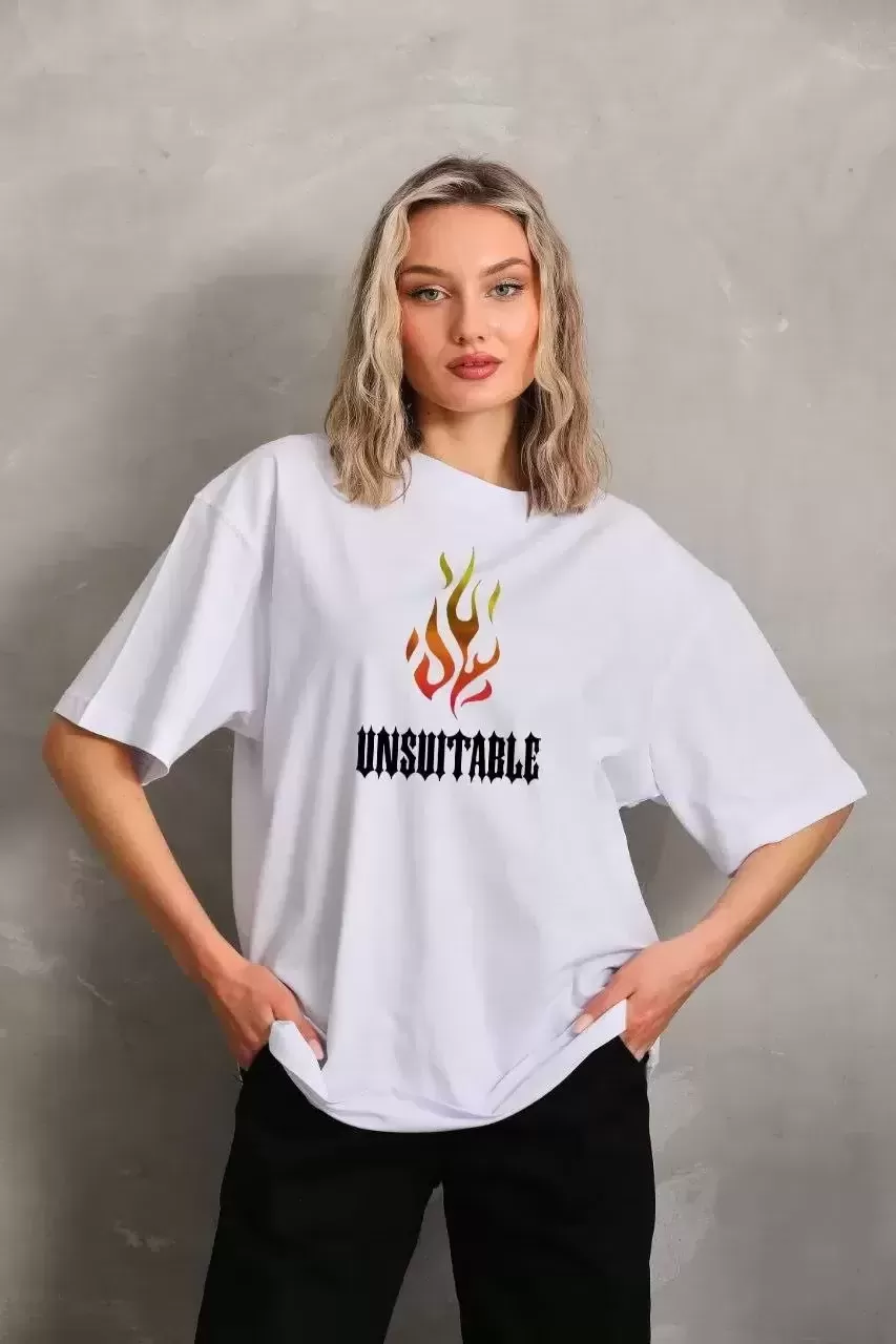 Kadın Baskılı T-Shirt Kısa Kol Bisiklet Yaka Oversize Rahat Kalıp Günlük Tişört – Beyaz