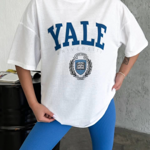 Kadın Kısa Kol Yazlık Tişört Bisiklet Yaka YALE Baskılı T-Shirt – Beyaz