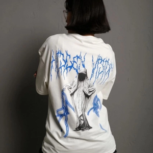 kadın Bisiklet Yaka Baskılı Oversize Kısa kol T-Shirt – Beyaz