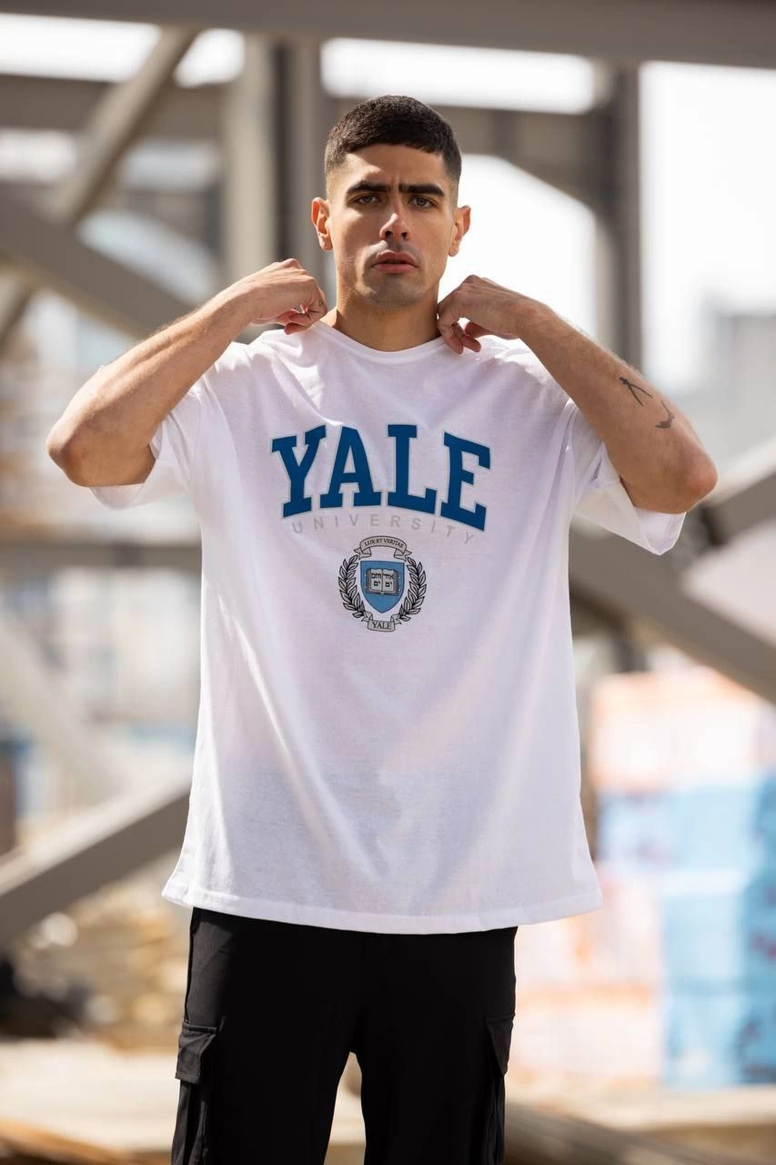Erkek Kısa Kol Yazlık Tişört Bisiklet Yaka YALE Baskılı T-Shirt – Beyaz