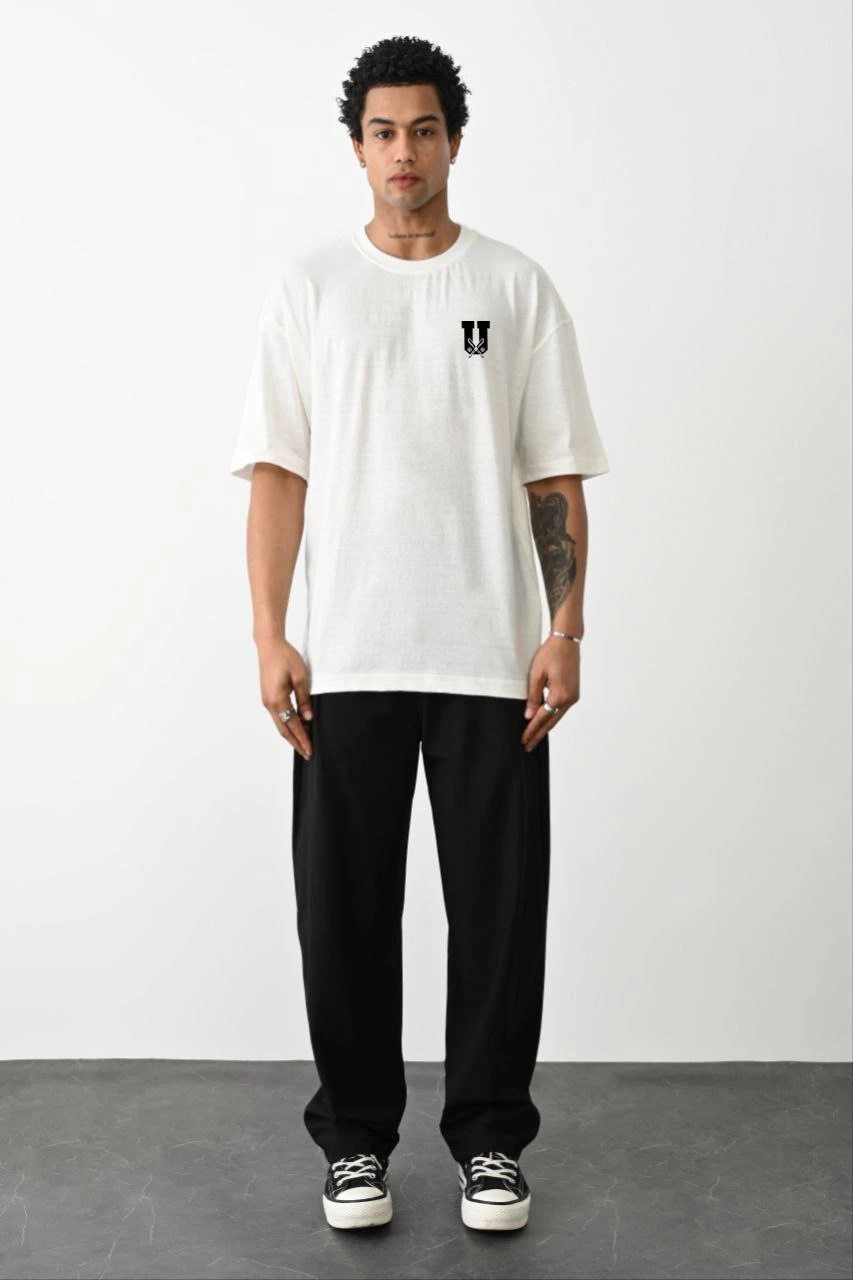 Erkek Kısa Kol Yazlık Tişört Bisiklet Yaka Baskılı Oversize T-Shirt – Beyaz