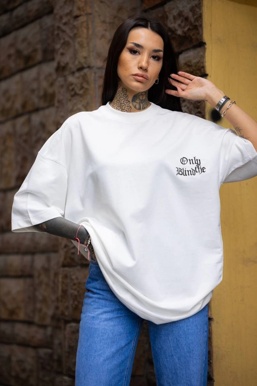 kadın Tişort Bisiklet Yaka Baskılı yazlık Kısa kol Oversize T-Shirt – Beyaz