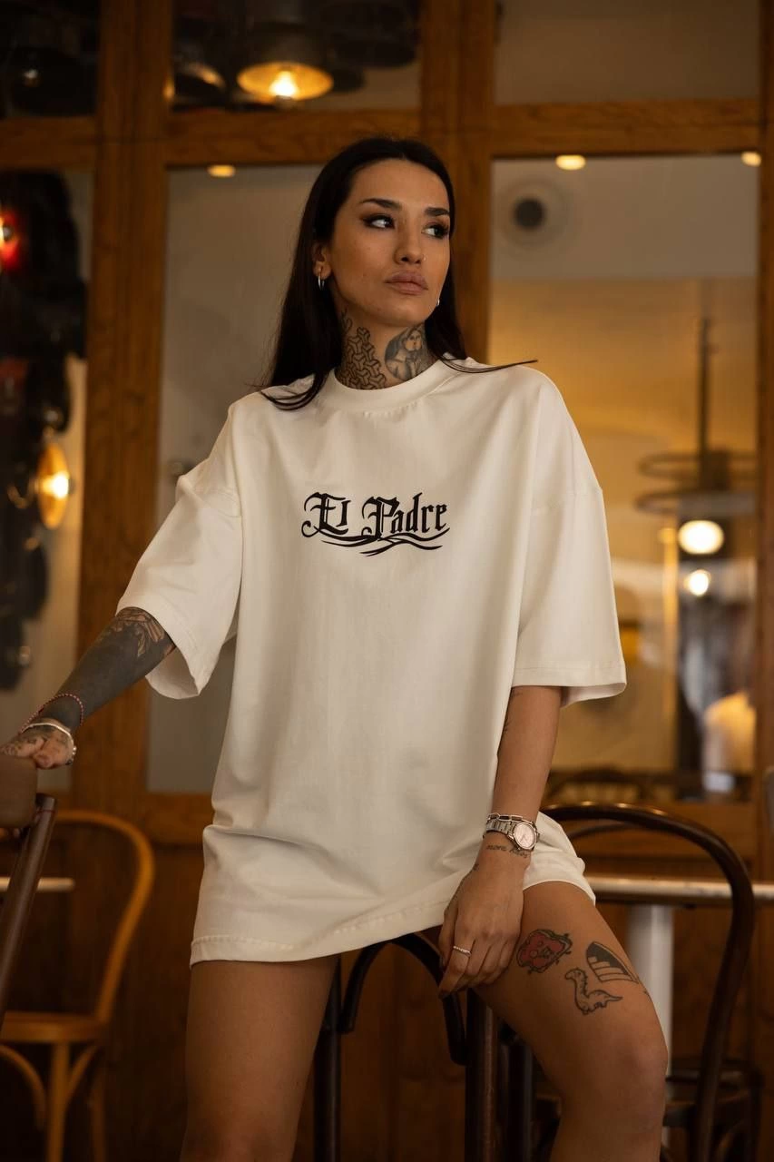 kadın Bisiklet Yaka Baskılı Kısa kol Oversize T-Shirt – Beyaz