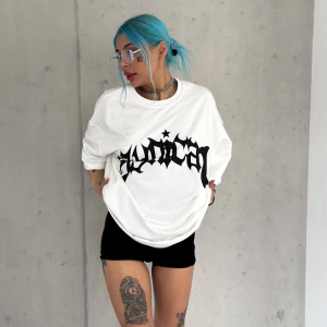 kadın Bisiklet Yaka Baskılı Oversize Kısa kol T-Shirt – Beyaz