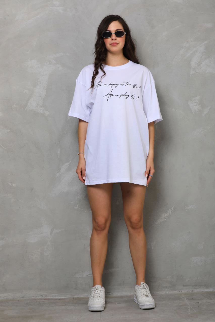 Kadın Kısa Kol Yazlık Tişört Bisiklet Yaka Baskılı Oversize T-Shirt – Beyaz