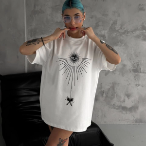 kadın Bisiklet Yaka Baskılı Oversize Kısa kol T-Shirt – Beyaz