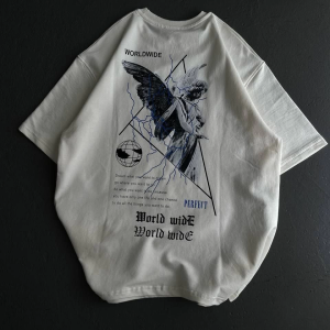 Kadın Baskılı T-Shirt Kısa Kol Bisiklet Yaka Oversize Rahat Kalıp Günlük Tişört – Beyaz
