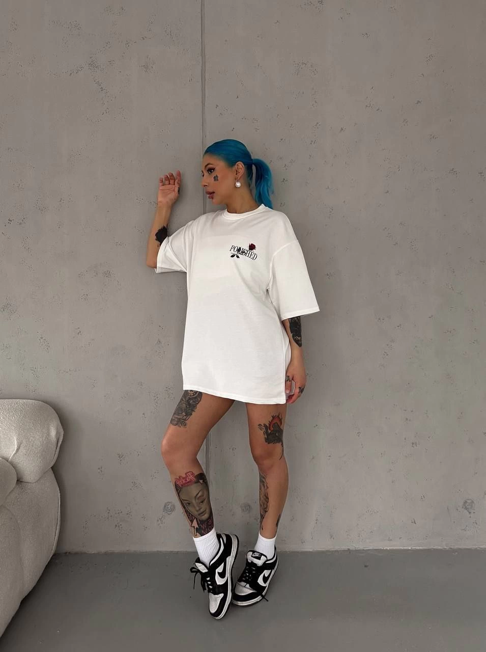 Kadın Bisiklet Yaka Baskılı Kısa kol Oversize T-Shirt – Beyaz