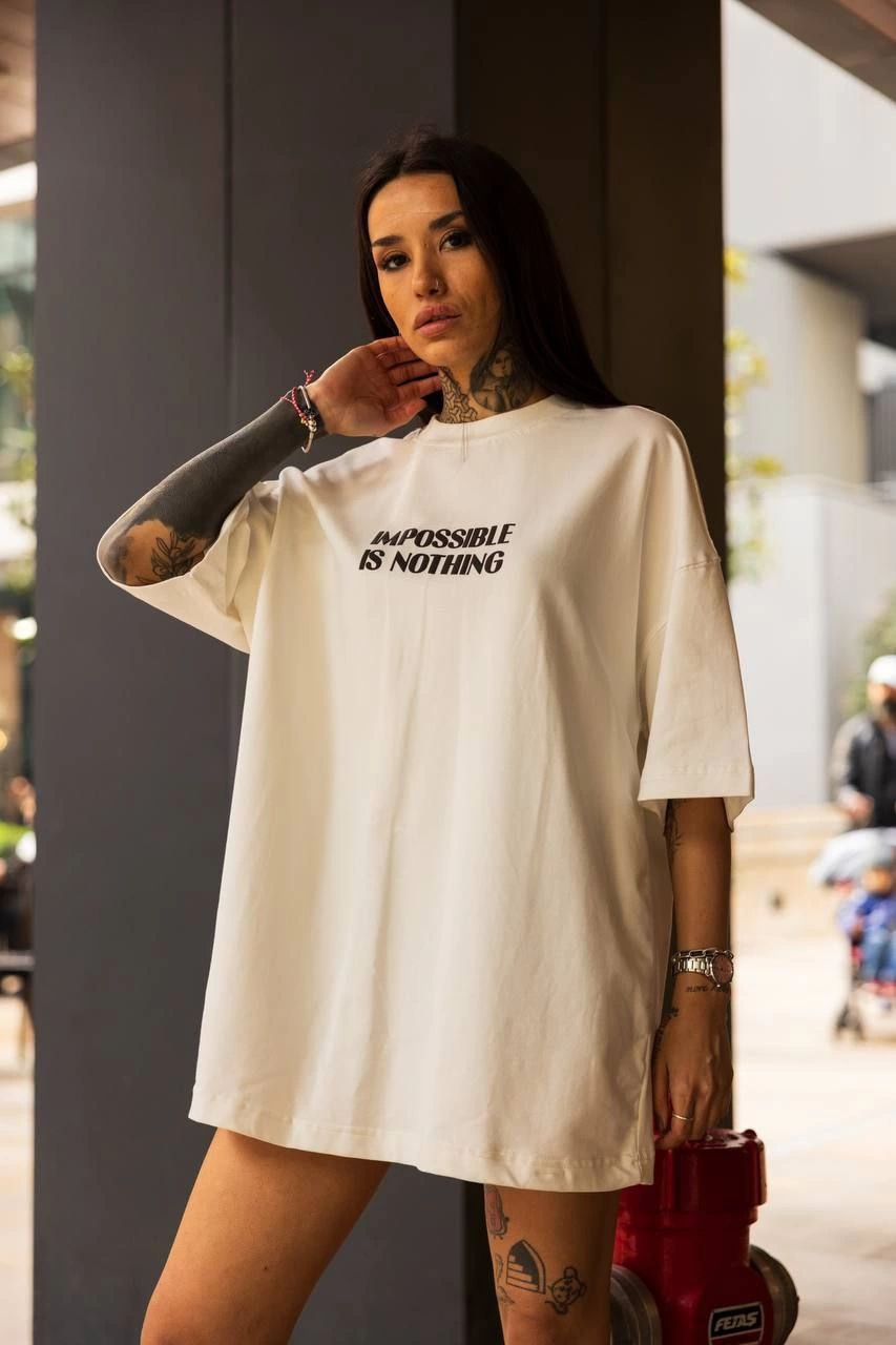 Kadın Bisiklet Yaka Baskılı Oversize Kısa kol T-Shirt – Beyaz