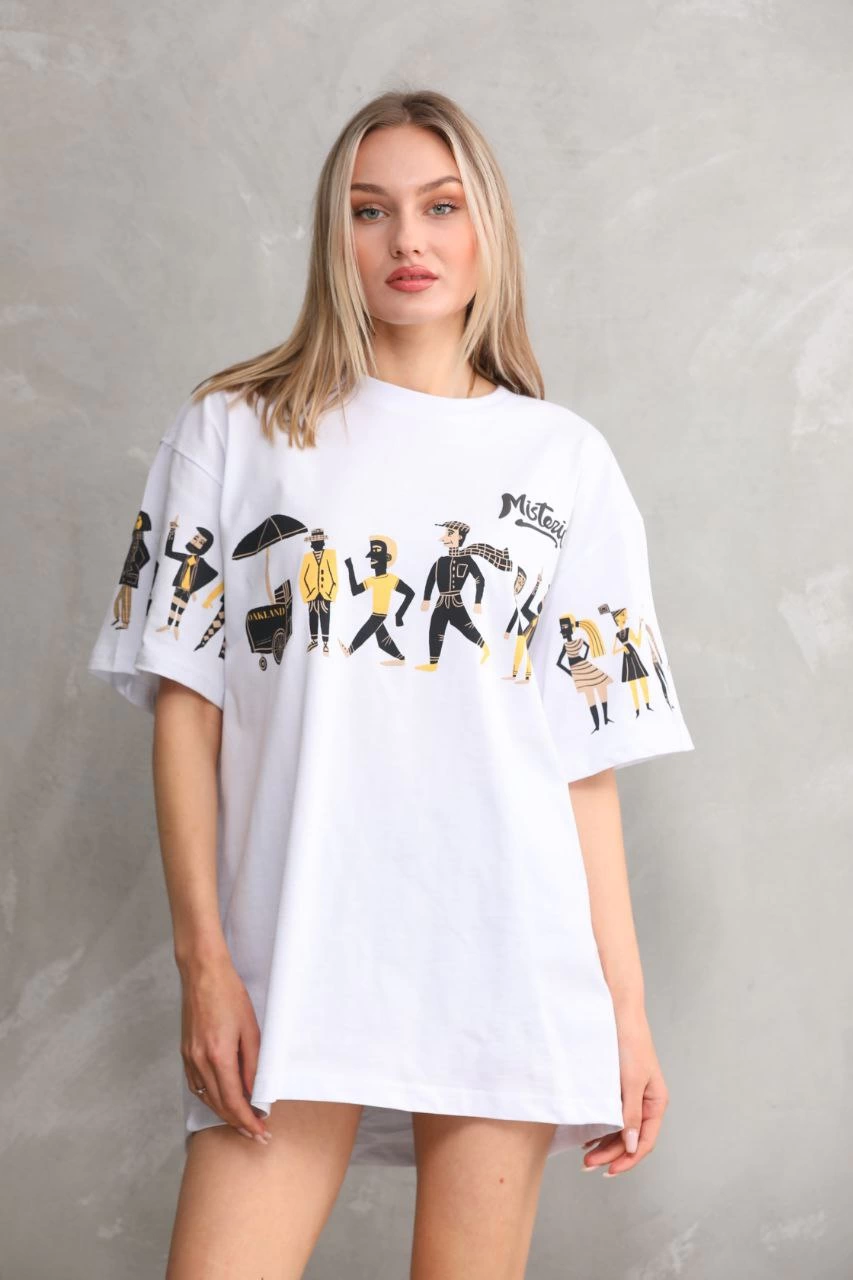 kadın Bisiklet Yaka Baskılı Oversize T-Shirt – Beyaz