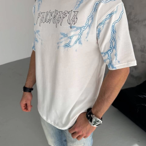 Erkek Bisiklet Yaka Yıldırım Baskılı  Kısa kol T-Shirt – Beyaz