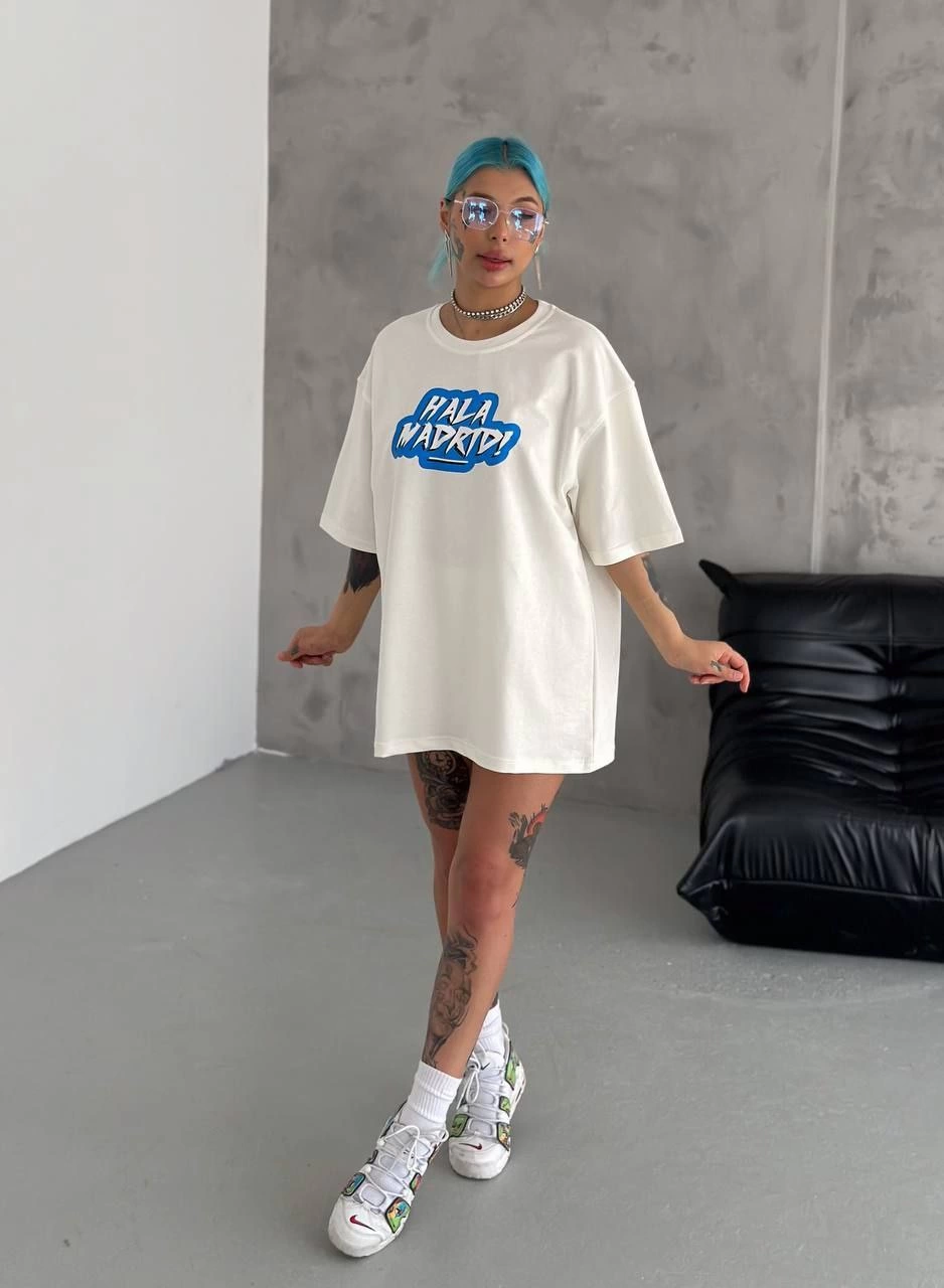 Kadın Kısa Kol Yazlık Tişört Bisiklet Yaka Baskılı Oversize T-Shirt – Beyaz