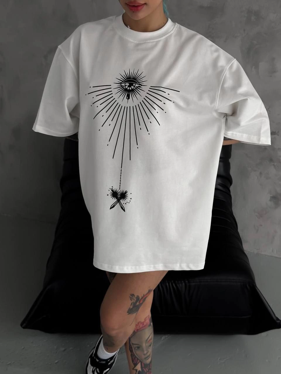 kadın Bisiklet Yaka Baskılı Oversize Kısa kol T-Shirt – Beyaz