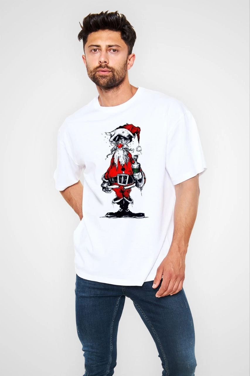 Erkek Kısa Kol Tişört Bisiklet Yaka Yeni Yıl Baskılı T-Shirt – Beyaz