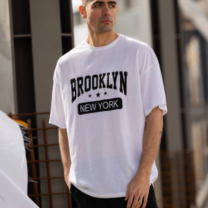 Erkek Kısa Kol Yazlık Tişört Bisiklet Yaka Baskılı Oversize T-Shirt – Beyaz