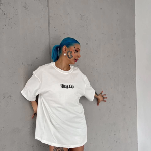 Kadın Kısa Kol Yazlık Tişört Bisiklet Yaka Baskılı Oversize T-Shirt – Beyaz