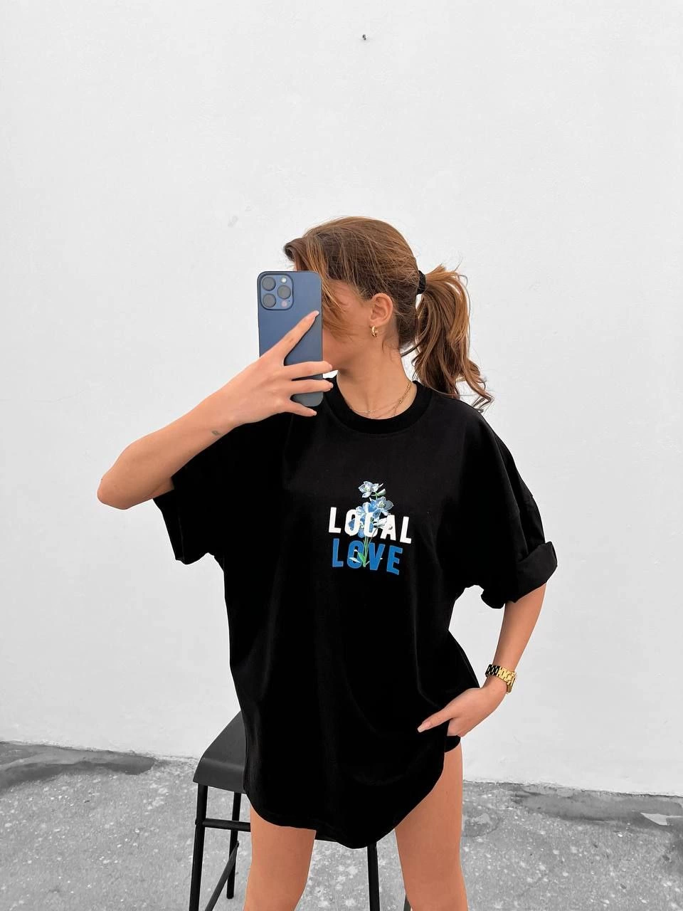 Kadın Tişort Bisiklet Yaka Baskılı Kısa kol Oversize T-Shirt – Siyah