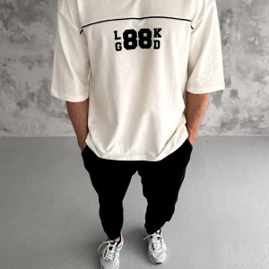 Erkek Kısa Kol Yazlık Tişört Bisiklet Yaka Baskılı Oversize T-Shirt – Beyaz