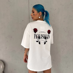 Kadın Bisiklet Yaka Baskılı Kısa kol Oversize T-Shirt – Beyaz