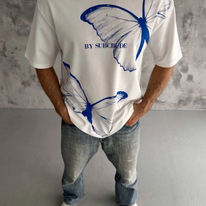 Erkek Kısa Kol Yazlık Tişört Bisiklet Yaka Baskılı Oversize T-Shirt – Beyaz