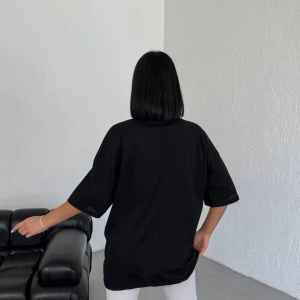 Kadın Baskılı T-Shirt Kısa Kol Bisiklet Yaka Oversize Tişört – Siyah