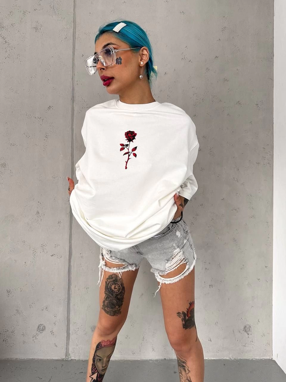 kadın Bisiklet Yaka Baskılı Oversize Kısa kol T-Shirt – Beyaz