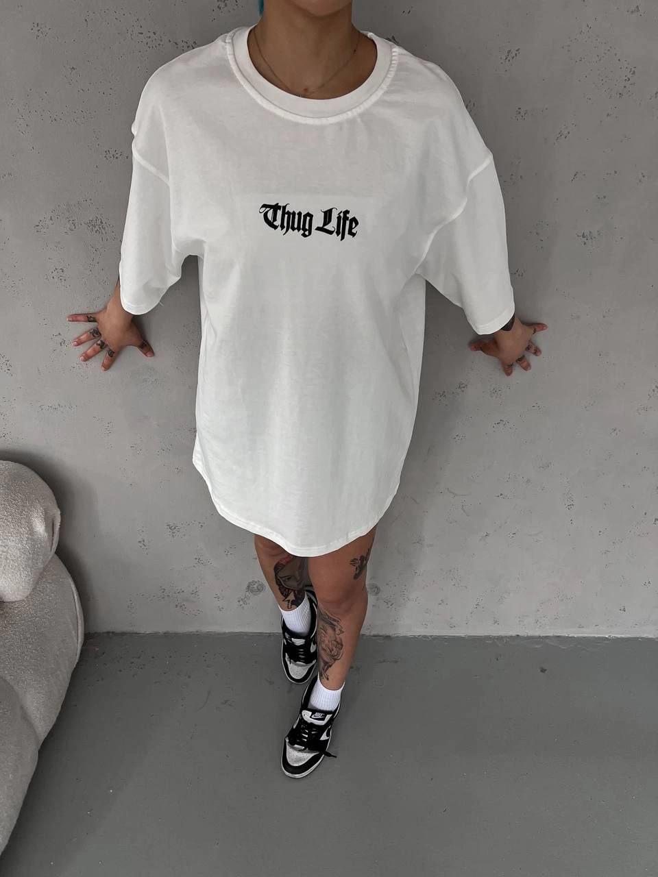 Kadın Kısa Kol Yazlık Tişört Bisiklet Yaka Baskılı Oversize T-Shirt – Beyaz