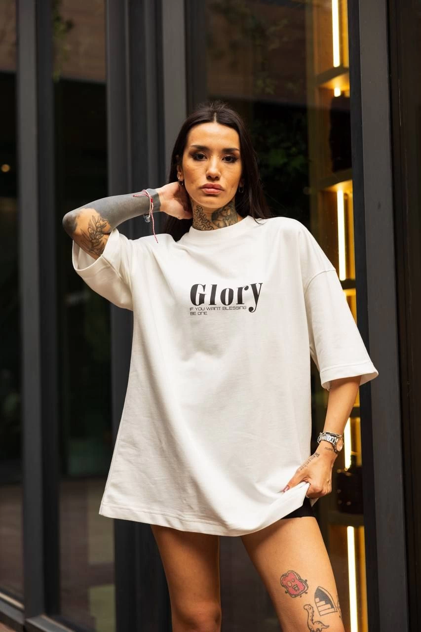 kadın Bisiklet Yaka Baskılı Oversize Kısa kol T-Shirt – Beyaz
