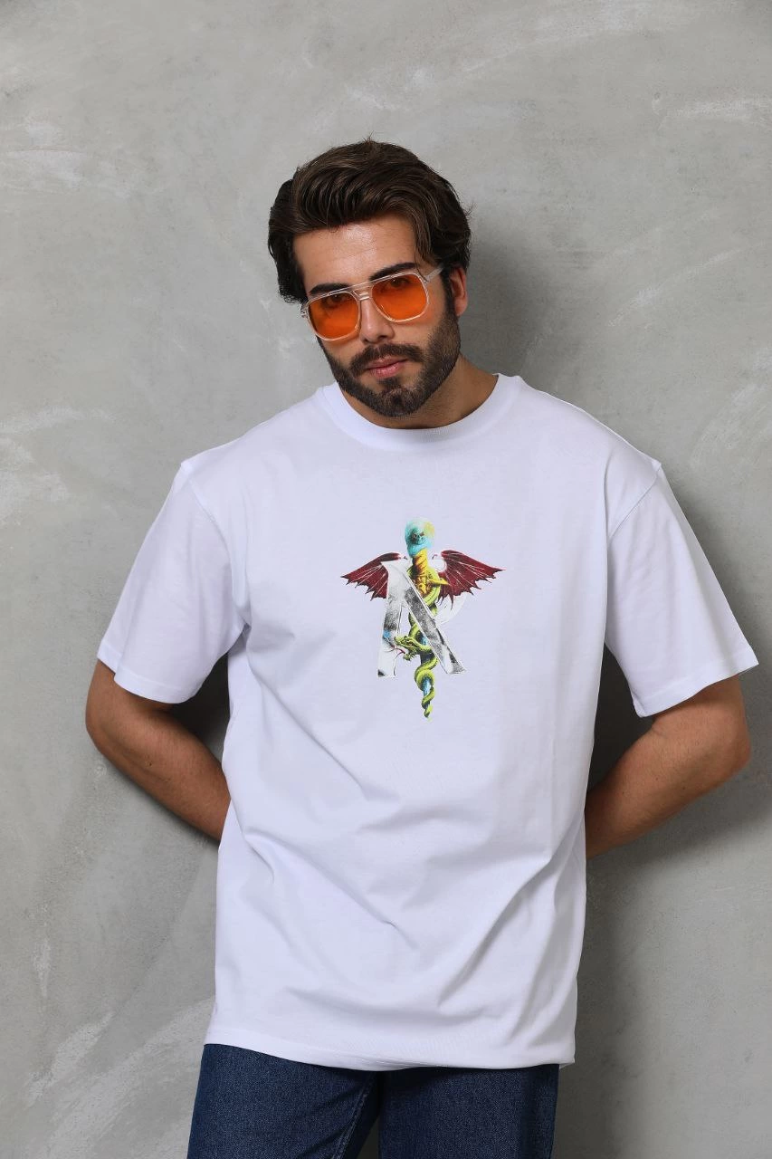 Erkek Baskılı T-Shirt Kısa Kol Bisiklet Yaka Regular Fit Rahat Kalıp Tişört – Beyaz