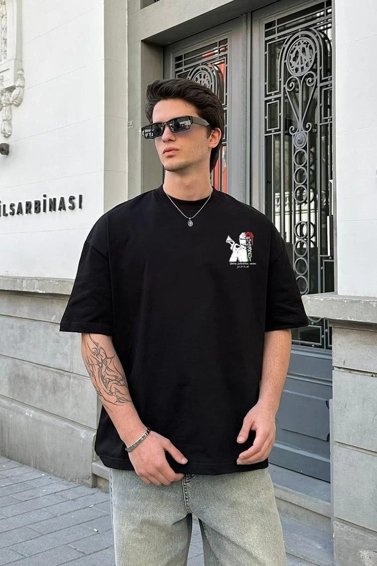 Erkek Kısa Kol Yazlık Tişört Bisiklet Yaka Baskılı Oversize T-Shirt – Beyaz