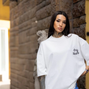 kadın Tişort Bisiklet Yaka Baskılı yazlık Kısa kol Oversize T-Shirt – Beyaz