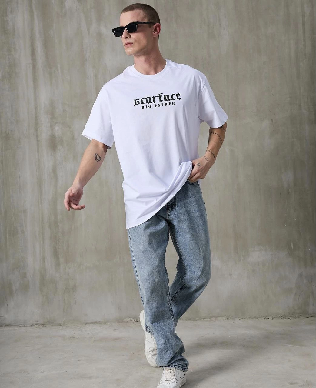 Erkek Kısa Kol Yazlık Tişört Bisiklet Yaka Baskılı Oversize T-Shirt – Beyaz