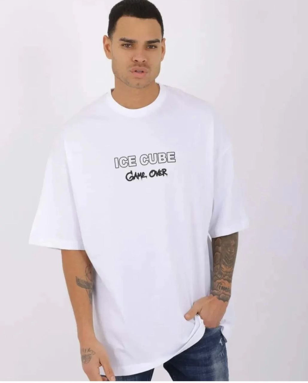 Erkek Kısa Kol Yazlık Tişört Bisiklet Yaka Baskılı Oversize T-Shirt – Beyaz