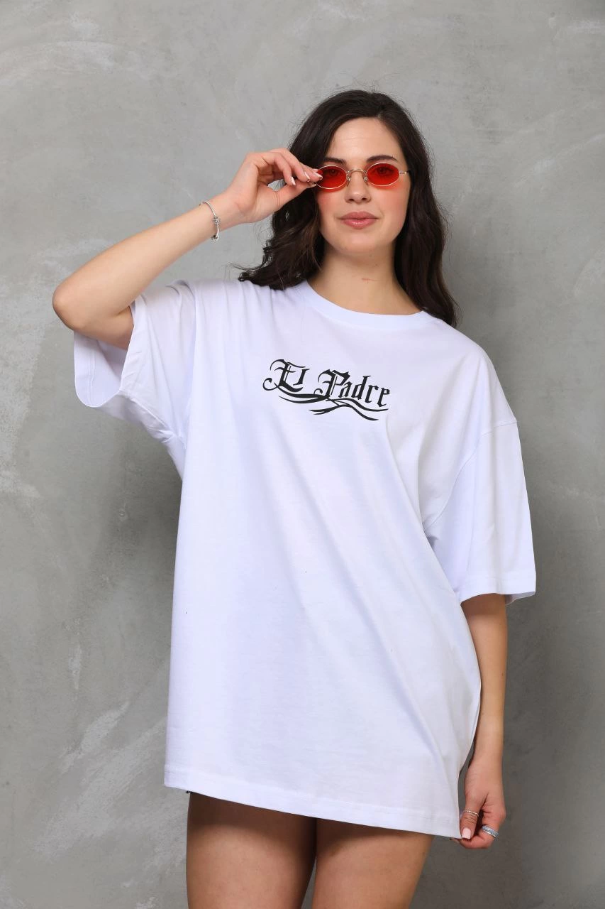 Kadın Kısa Kol Yazlık Tişört Bisiklet Yaka Baskılı Oversize T-Shirt – Beyaz
