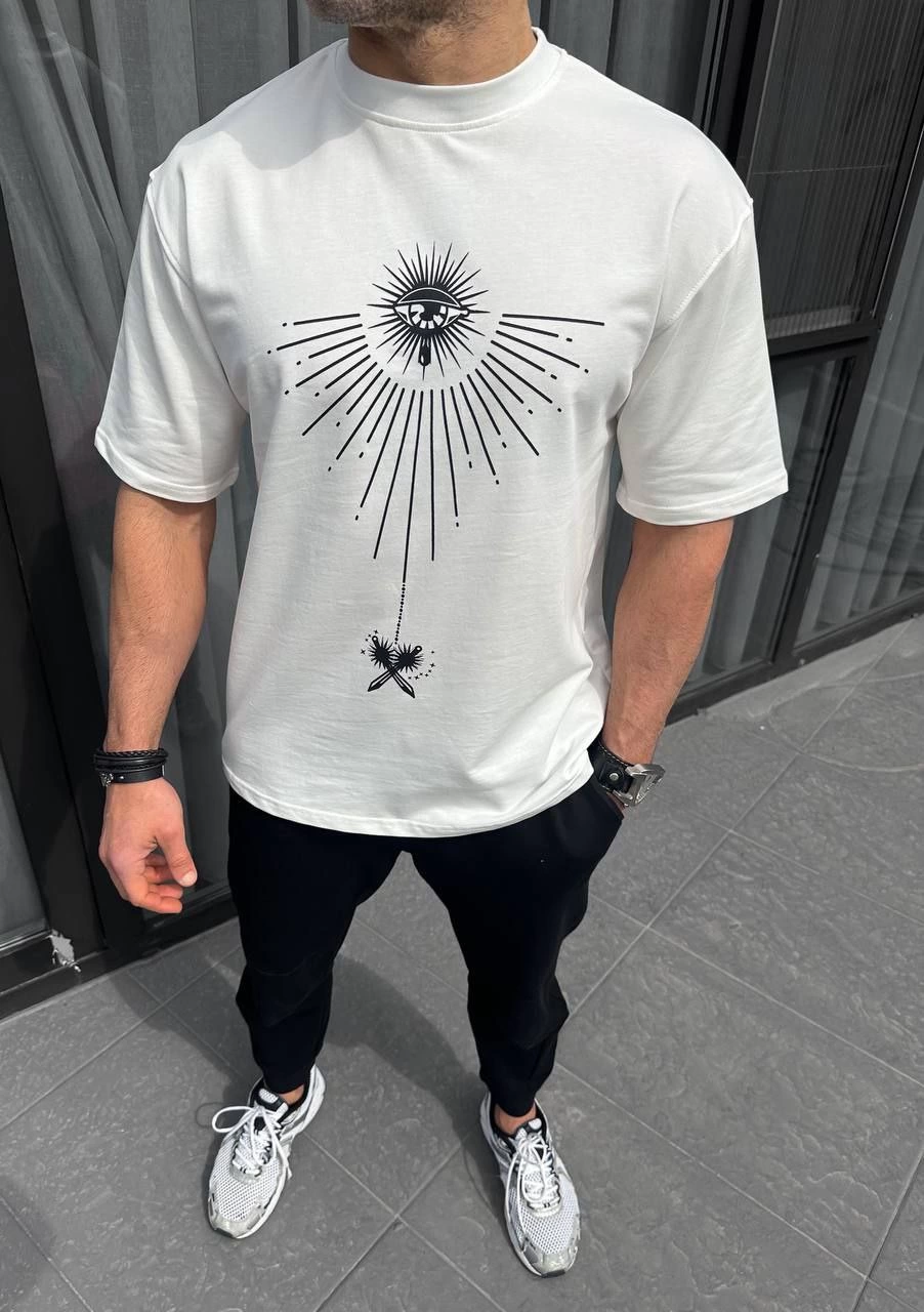 Erkek Kısa Kol Tişört Bisiklet Yaka GÜL Baskılı Oversize T-Shirt – Beyaz