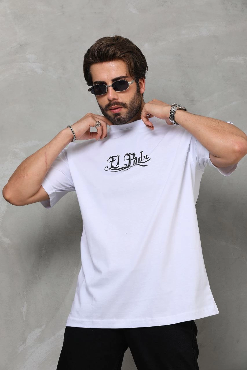 Erkek Kısa Kol Yazlık Tişört Bisiklet Yaka Baskılı Oversize T-Shirt – Beyaz