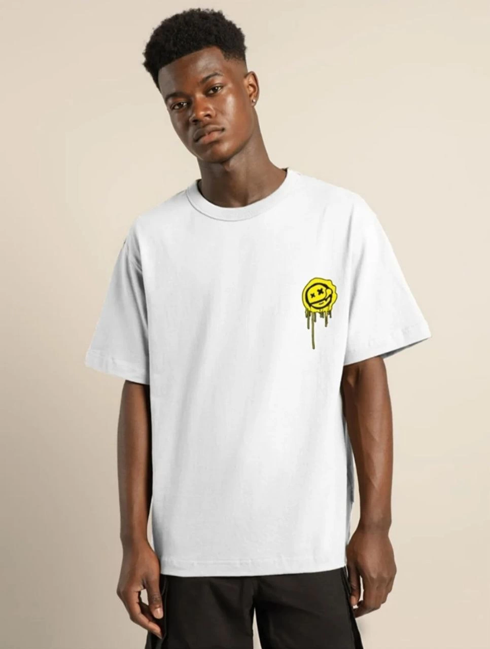 Erkek Kısa Kol Yazlık Tişört Bisiklet Yaka Baskılı Oversize T-Shirt – Beyaz
