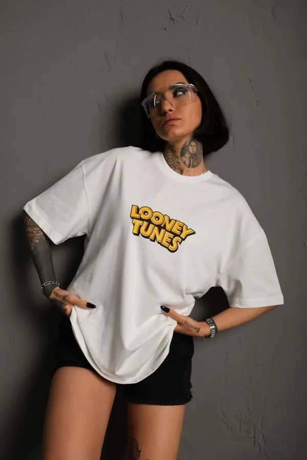 kadın Bisiklet Yaka Baskılı Oversize Kısa kol T-Shirt – Beyaz