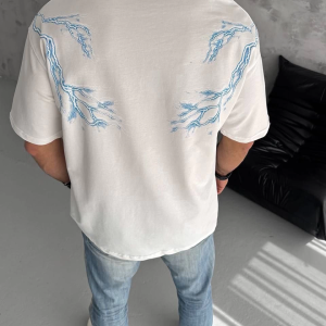 Erkek Bisiklet Yaka Tişört Yıldırım Şimşek Baskılı Kısa Kol T-Shirt – Beyaz