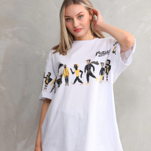 kadın Bisiklet Yaka Baskılı Oversize T-Shirt – Beyaz