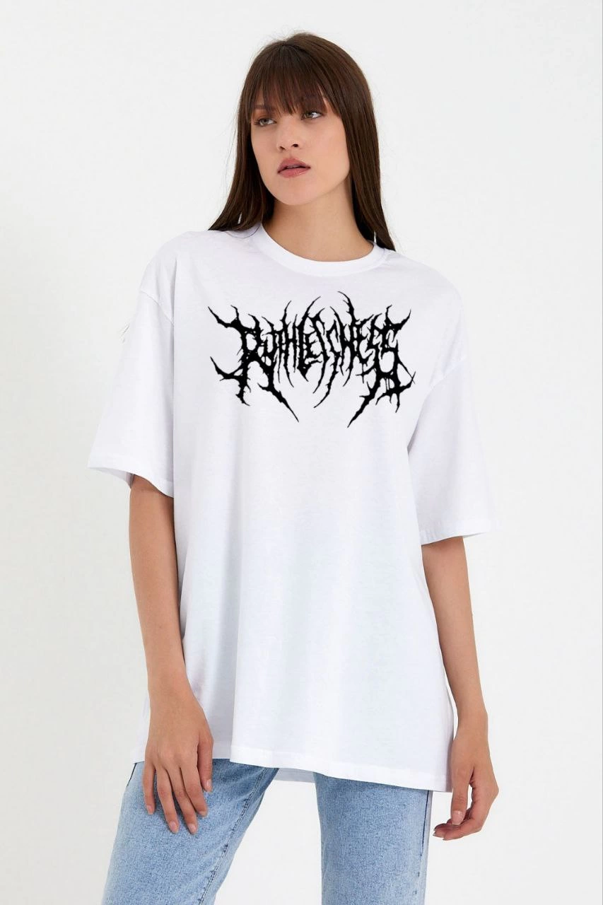 Kadın Baskılı T-Shirt Kısa Kol Bisiklet Yaka Oversize Rahat Kalıp Günlük Tişört – Beyaz