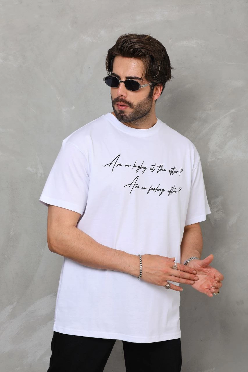 Erkek Kısa Kol Yazlık Tişört Bisiklet Yaka Baskılı Oversize T-Shirt – Beyaz