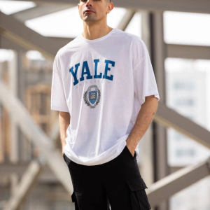 Erkek Kısa Kol Yazlık Tişört Bisiklet Yaka YALE Baskılı T-Shirt – Beyaz