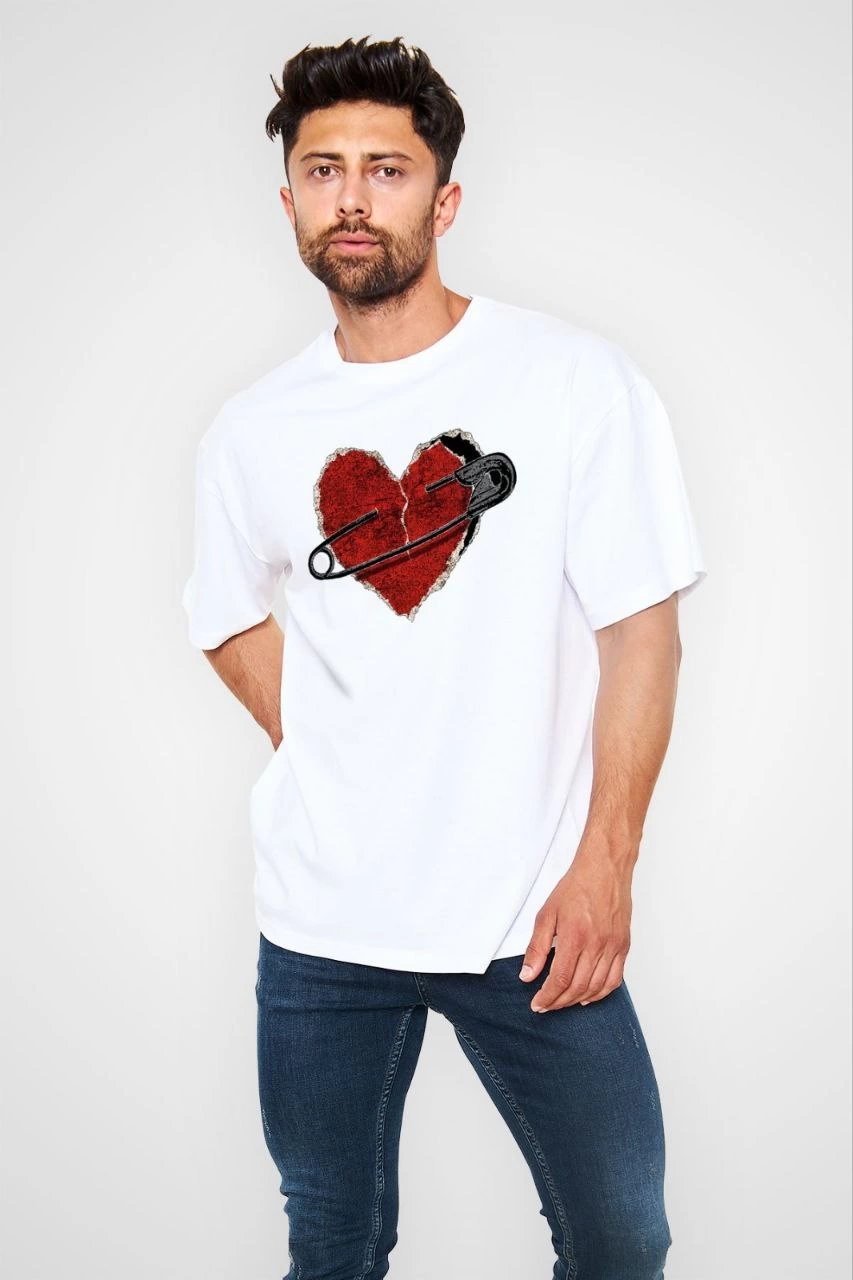 Erkek Kısa Kol Tişört Bisiklet Yaka KALP Baskılı Oversize T-Shirt – Beyaz