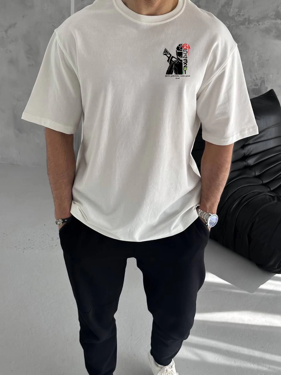 Erkek Kısa Kol Yazlık Tişört Bisiklet Yaka Baskılı Oversize T-Shirt – Beyaz
