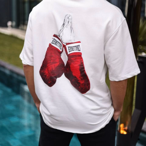 Erkek Kısa Kol Tişört Bisiklet Yaka Boxy Eldiven Baskılı T-Shirt – Beyaz