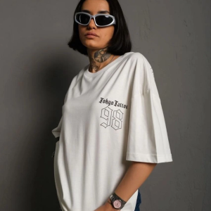 kadın Bisiklet Yaka Baskılı Oversize Kısa kol T-Shirt – Beyaz