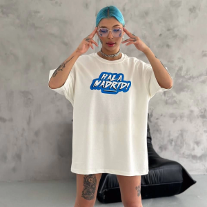 Kadın Kısa Kol Yazlık Tişört Bisiklet Yaka Baskılı Oversize T-Shirt – Beyaz