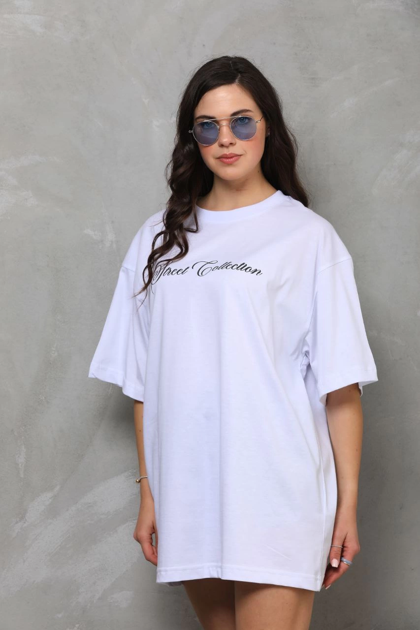 Kadın Baskılı T-Shirt Kısa Kol Bisiklet Yaka Oversize Rahat Kalıp Günlük Tişört – Beyaz